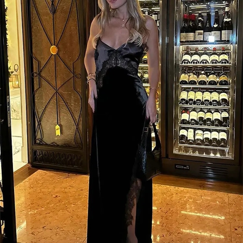 Women Elegant Spaghetti Velvet Maxi Dress Fashion Sexy Sleeveless Backless Mesh Patchwork Robe Female Party Evening Vestidos 240319