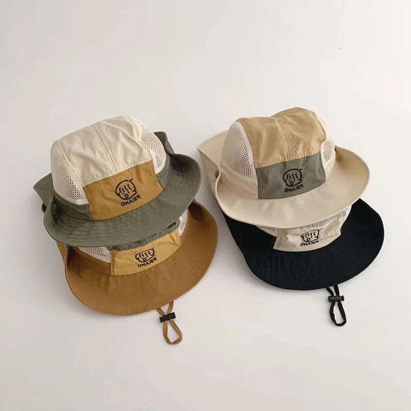Quick Drying Mesh Thin Bucket Hats For Kids Outdoor Mountaineering Boys Girls Drawstring Basin Cap Summer Children Fisherman Hat 250528