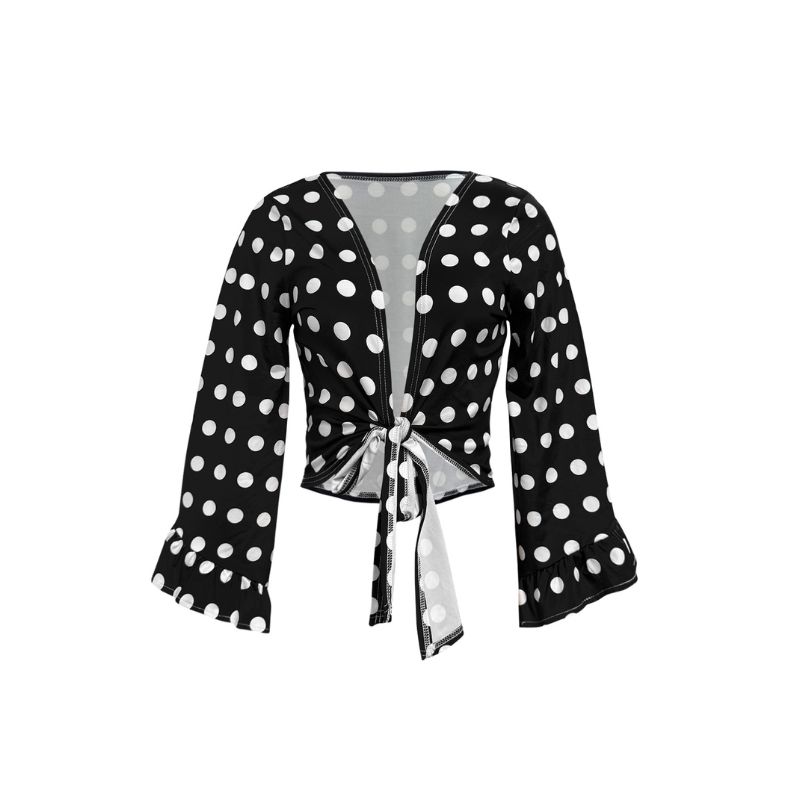 Women's Early Autumn Sweet Polka Dot Print Blouse, Ruffle Sleeve Tie - Front Casual Versatile Milk Silk Top-CF52701