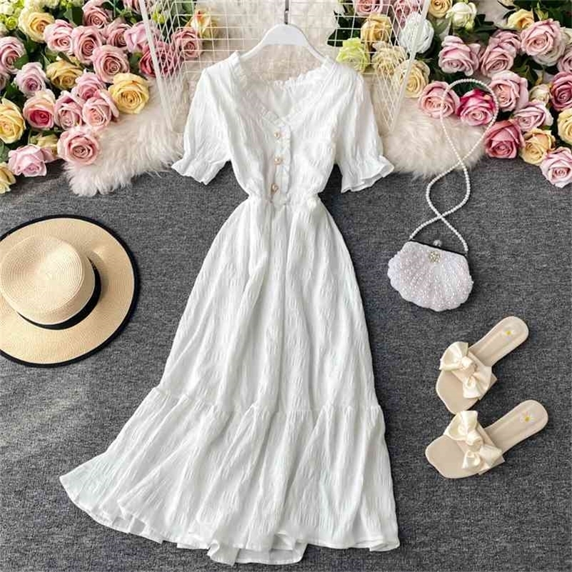 Women White Dress Summer Elegant V-neck Single-breasted Short Flare Sleeve Vintage Dresses Female Korean Chic Robe Mujer 210630