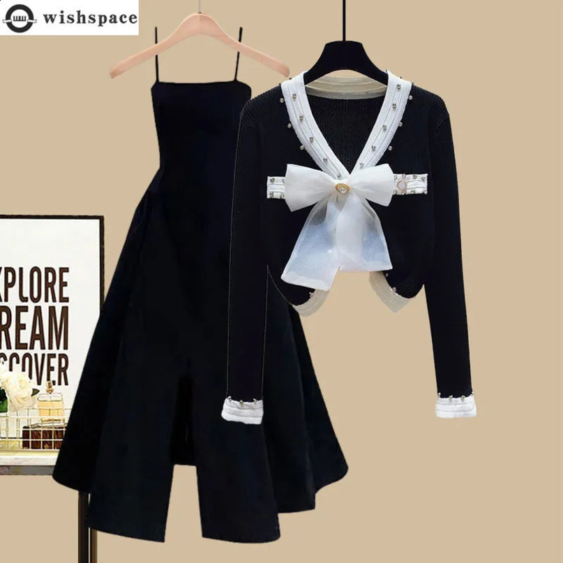 Spring and Autumn Season Set Womens Korean Edition Slim Fragrant Style Cardigan Waist Wrap Dress Two Piece 240727