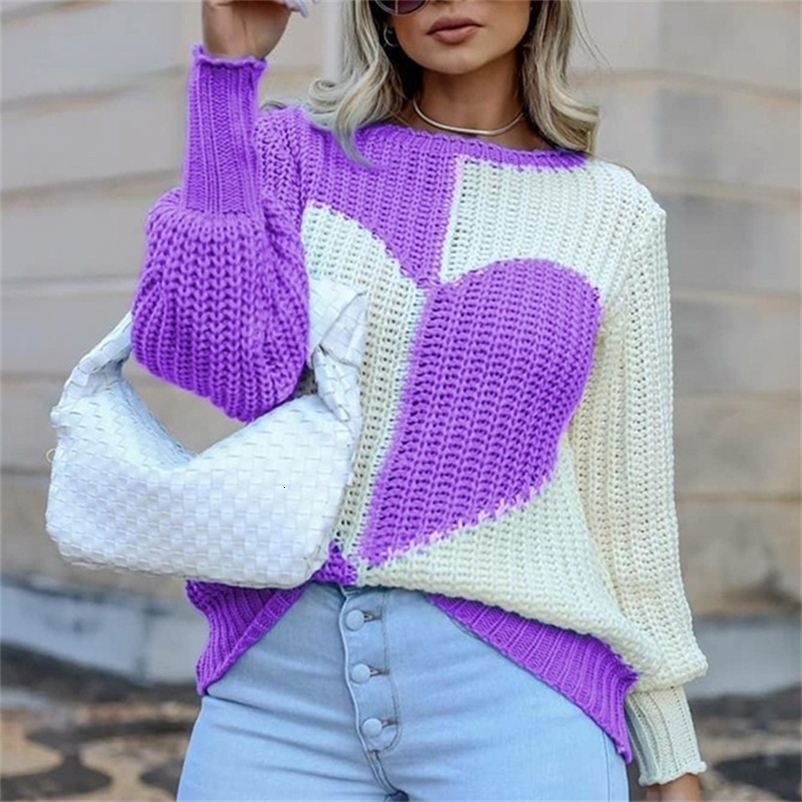 Women's Knits Tees Women Sweater Autumn Winter Ladies Elegant O Neck Love Print Patchwork Knitted Sweaters Fashion Long Sleeve Casual Loose Sweat
