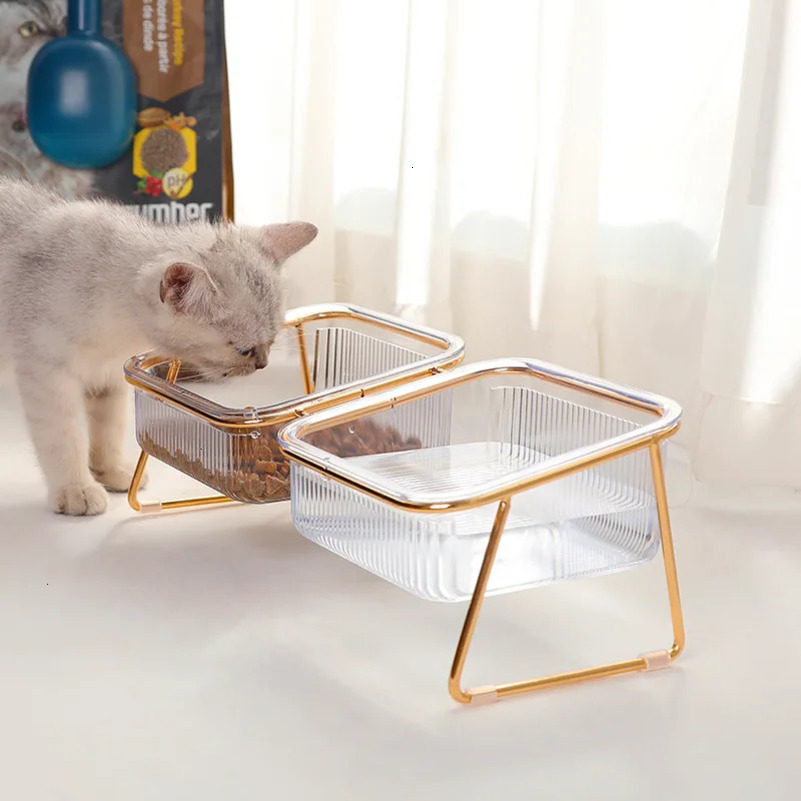 Cat Bowl Transparent Tall Leg Bowl Oblique Neck Protection Drinking Water Cat Grain Bowl Pet Easy to Clean Bowl 250414