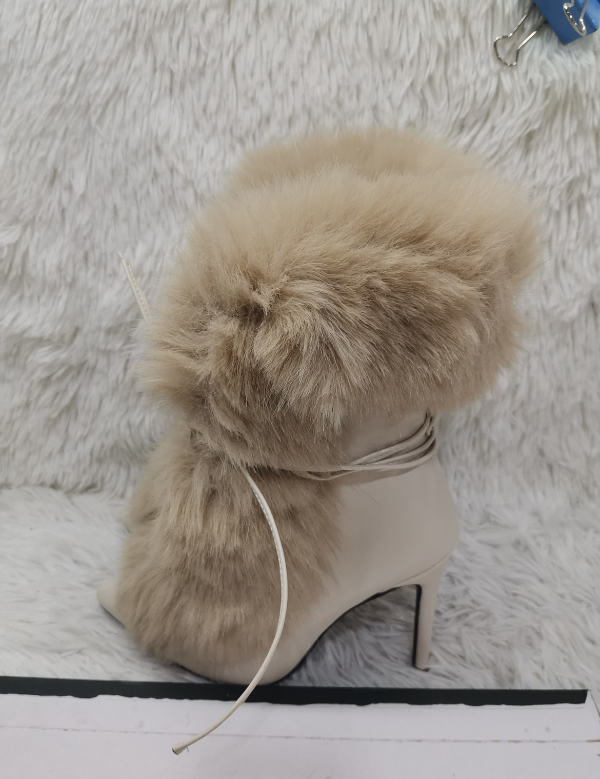 Winter faux fur Boots Pointed Toe Fine Heel Women Shoes Strap Design High Heel Shoes Party Boots New Zapatos Para Mujere