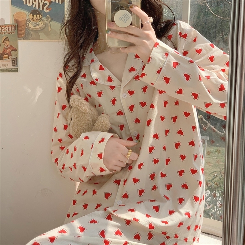 Women's Sleepwear Cotton Pajamas Set Comfortable Long Sleeve Lovely Sweet Leisurewear Home Suit Spring Sleepwear Soft Korean Heart Print Kawaii 2