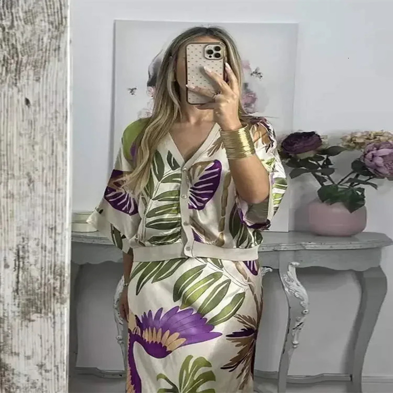 Women Elegant Print Stain Skirt Sets Fashion Loose V Neck Half Sleeve Shirt Two Pieces Suits Summer Chic Office Lady Outfit 240729