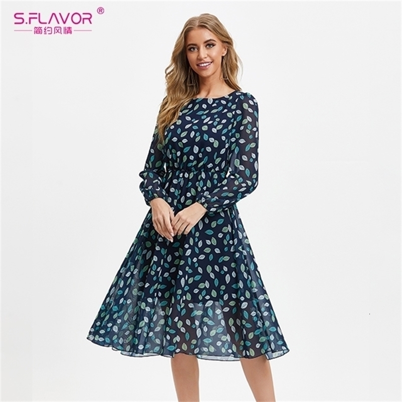 S.FLAVOR Vintage Leaves Print Bohemian Sundress Women Boho Chiffon Long Sleeve A Line Dress O Neck Summer Beach Vestidos 210630