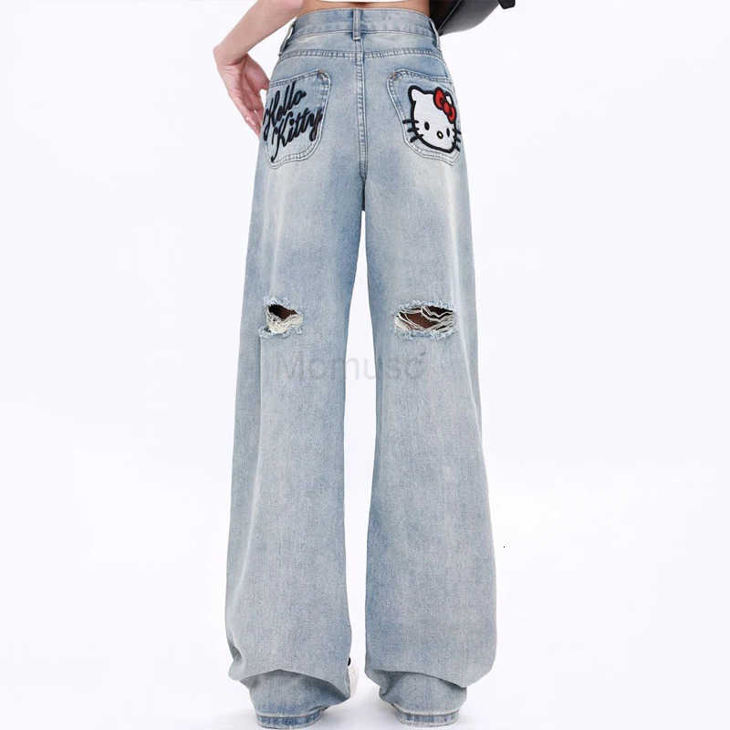 Sanrio Anime Kawaii Hello Kitty Vintage Ripped Jeans Children High Waist Design Niche Embroidery Straight Loose Wide Leg Pants L250925