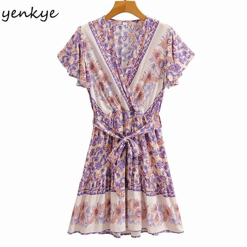 YENKYE Holiday Summer Casual Dress Women Vintage Floral Print Vestido Mujer Free Belt V Neck Short Sleeve Dress 210515