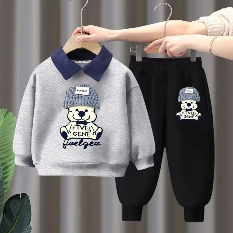 Autumn Baby Girls Clothes Set Children Boy Lapel Cartoon Printed Pullover Sweatshirts And Pants 2pcs Suit Children Tracksuits 250113
