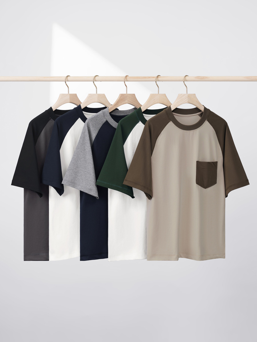 Summer New Japanese-Style 230g Ice-Feel Cotton T-Shirt - Men's Short-Sleeve with Pocket, Color-Block Raglan Sleeve, Unisex Undershirt -78Z