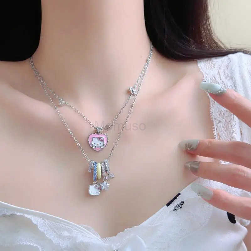 Sanrio Cartoon Heart Hello Kitty Pendant Necklaces Fashion Shining Zircon Cute Cat Necklace For Women Jewelry Accessories Gifts L250925