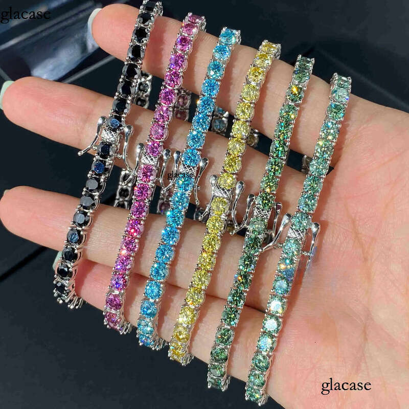FancyJewelry Hip Hop Sterling Sier VVS Dia 3mm Moissanite Tennis Bracelet Black Blue Blue-Green Yellow Pink