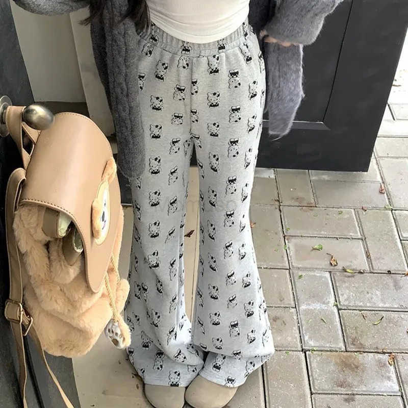 Sanrio Grey Hello Kitty Cartoon Printed Casual Pants For Women High Waisted Walking Trousers Slim Fit Straight Leg Micro Flared Pants L250925