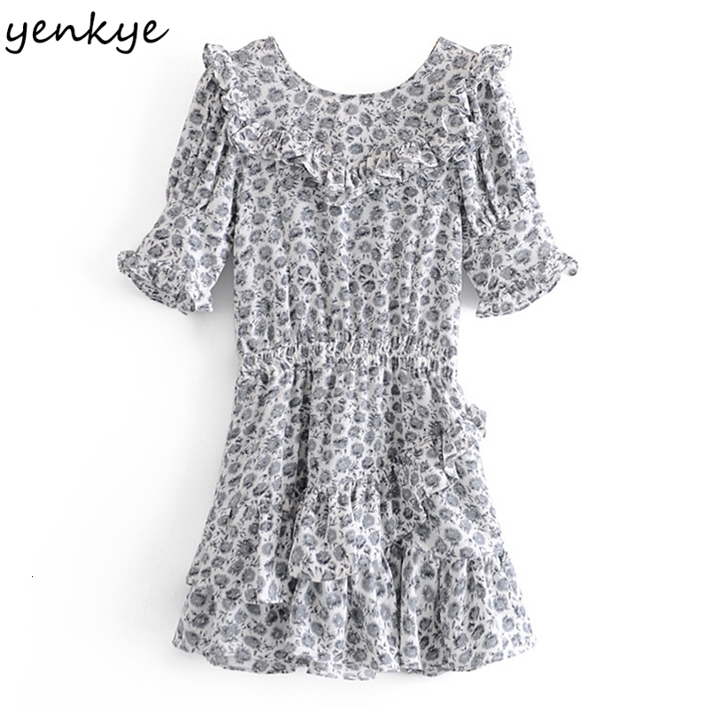 YENKYE Summer Dress Women Vintage Floral Print Asymmetric Ruffle Dress Female O Neck Short Sleeve Mini Vestido Short 210515