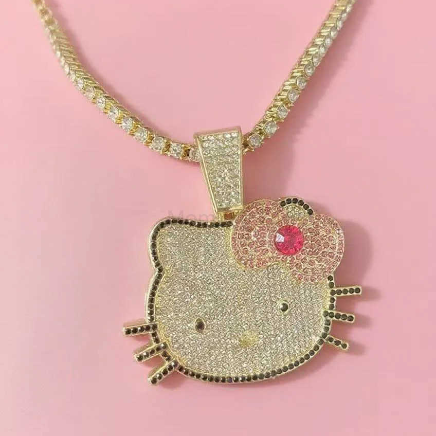 Sanrio Fashion Kawaii Hello Kitty Necklace Diamond Anime Pendant Cuban Chain Hip Hop Accessories Girl Gifts H251106