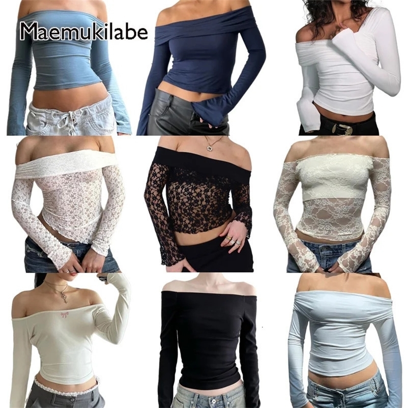 Maemukilabe Off Shoulder T-shirt Sexy Backless Long Sleeve Slim Fit Tees Chic Women Elegant Vintage Crop Tops Y2K Fairy Coquette 240409