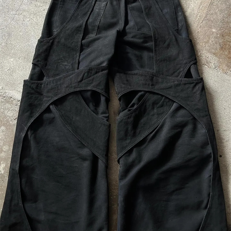 Y2k casual floor mop pants with hollow cotton loose fit jeans mens solid color retro work jeans mens and womens clothing 241203