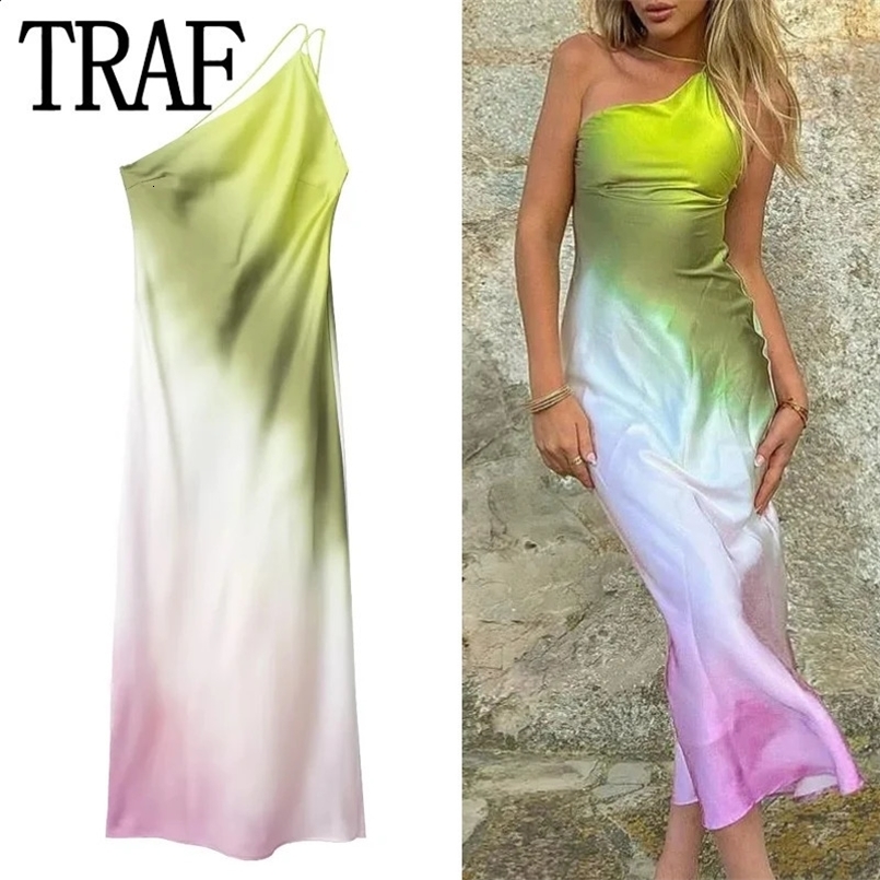 TRAF Tie Dye Long Dress Women Asymmertic Satin Backless Dress Woman Off Shoulder Sexy Evening Party Dresses Midi Summer Dresses 250218