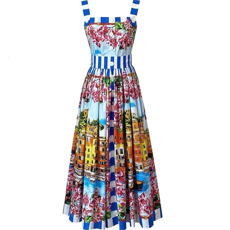 Summer Holiday Buttons Spaghetti Strap Dress Runway Women Single Breasted Flower Print Beach Vacation Midi Vestidos Camisole 240703