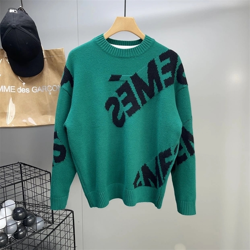 Knit Sweater Male Letter Green Mens Clothing Round Collar Pullovers Crewneck Street Korean Fashion Plus Size Tops Mode Old 240911