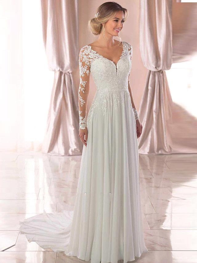 Summer Bohemian Wedding Dresses A Line Sheer Long Sleeves V Neck Appliques Lace Chiffon Bridal Gowns Beach Garden Robes de mariage BC4948 - view 3