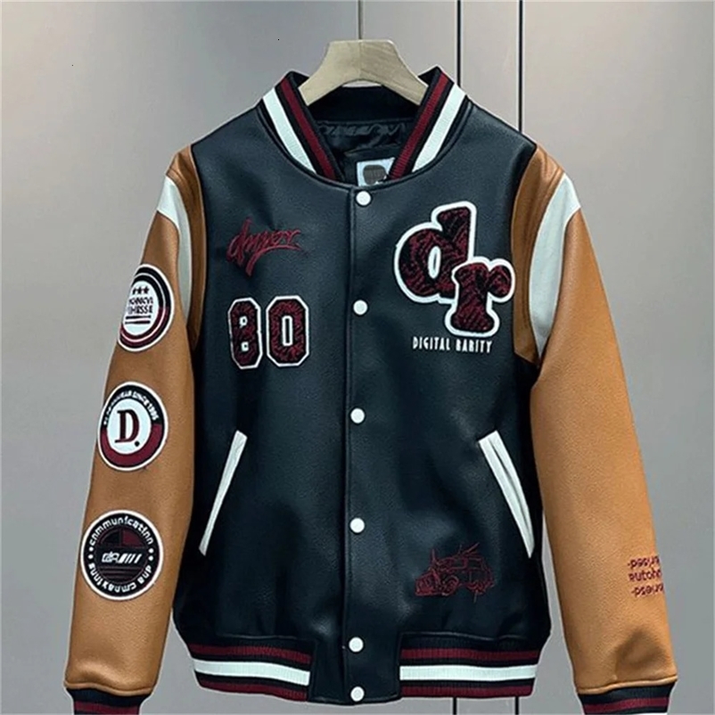 Patched PU Leather Pilot Jacket Coat with Cotton Leather Casual Loose Fit 240126