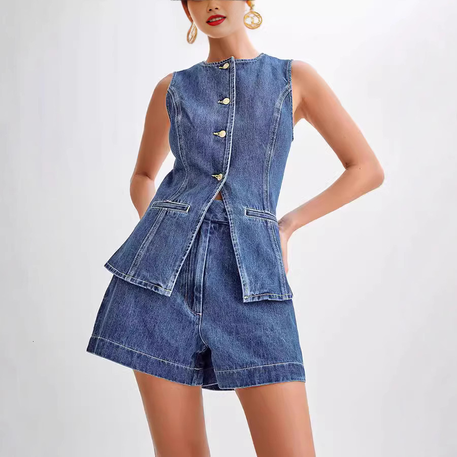 2024 Summer Fashion Casual Sleeveless High-Waisted Women's Set with Denim Shorts