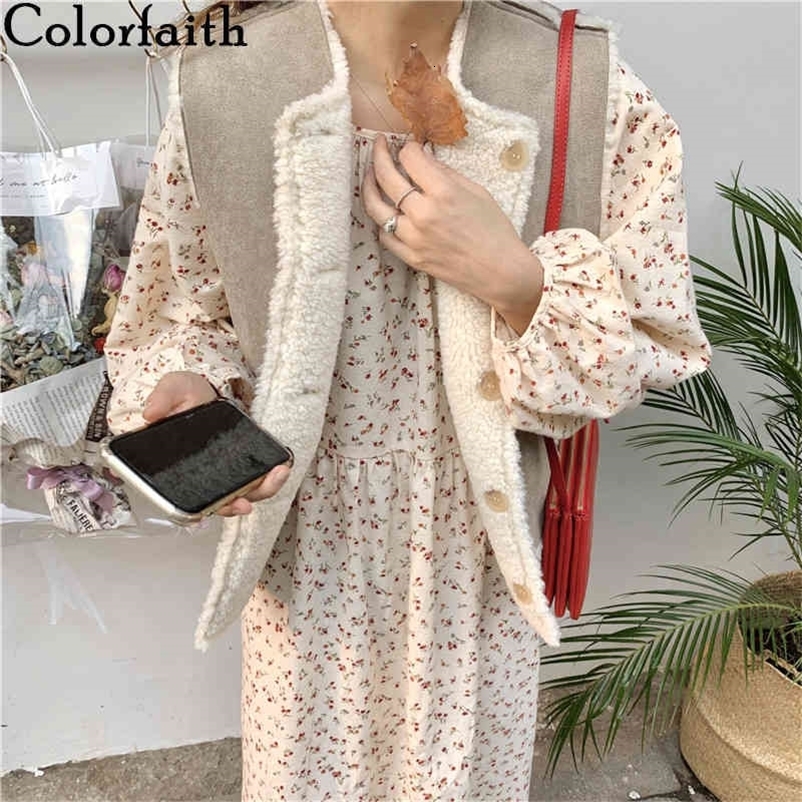 Colorfaith New Autumn Winter Women Jackets Vest Parkas High-Quality Cashmere Inside-out Sleeveless Warm Short Coat COV9167 210413