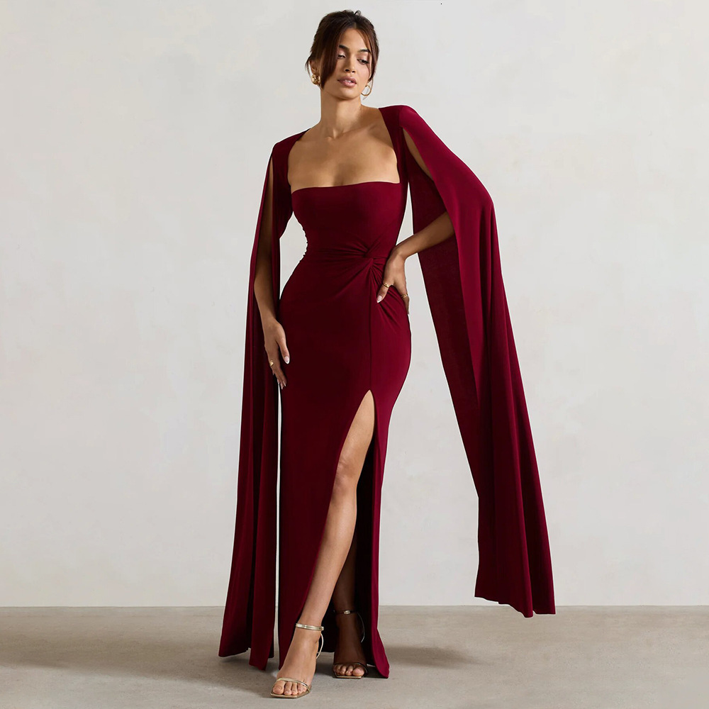 2024 New Square Neck Floor-Length Long Sleeve High Slit Solid Color Sexy Dress