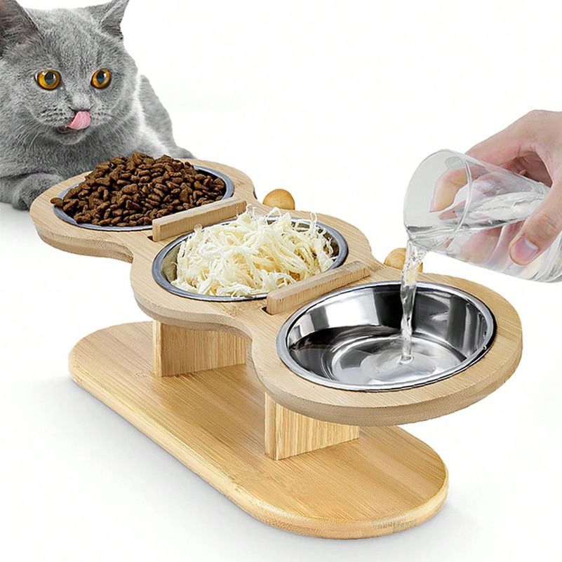 Cat 3-in-1 Feeding and Drinking Products Food Bowl 15 degree Tilt for Puppies 3 Stainless Steel Bowl Wooden Bracket 250414