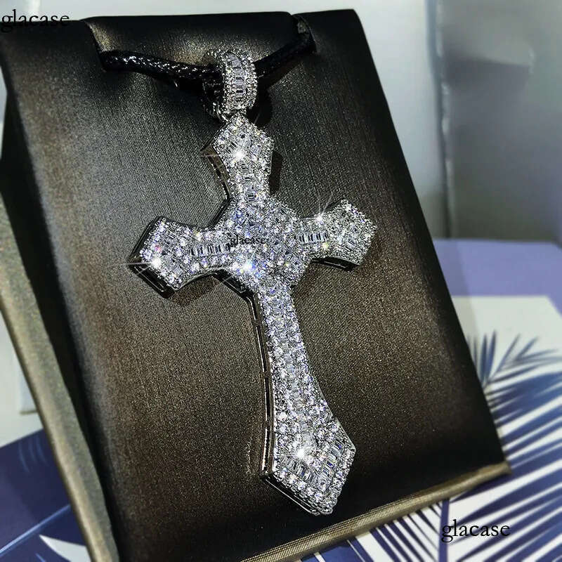Hip Hop Cross Pendants Necklace Platinum Plated Men Women Lover Gift Religious Jewelry with Leather Rope Chain