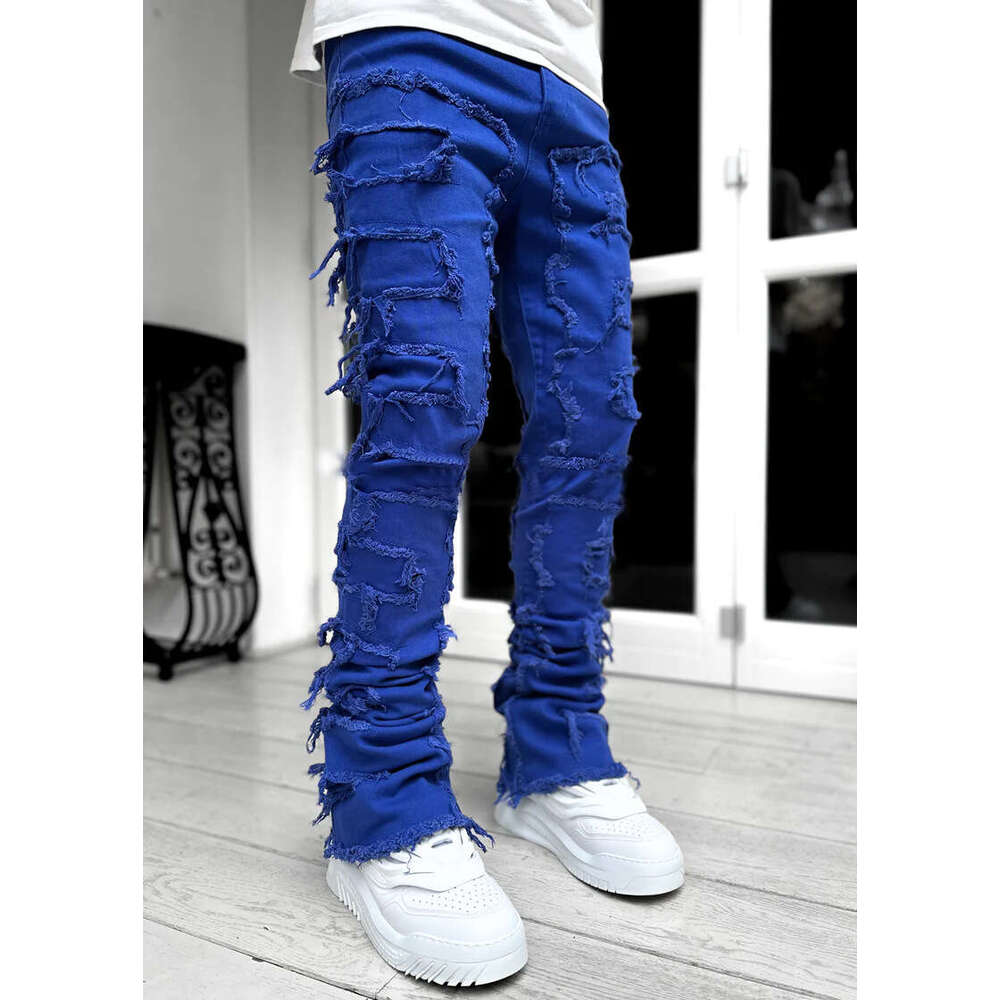 2025 Men's New Fashion Trend Patchwork Jeans Slim Fit Multicolor Stretch Flared Straight Pants