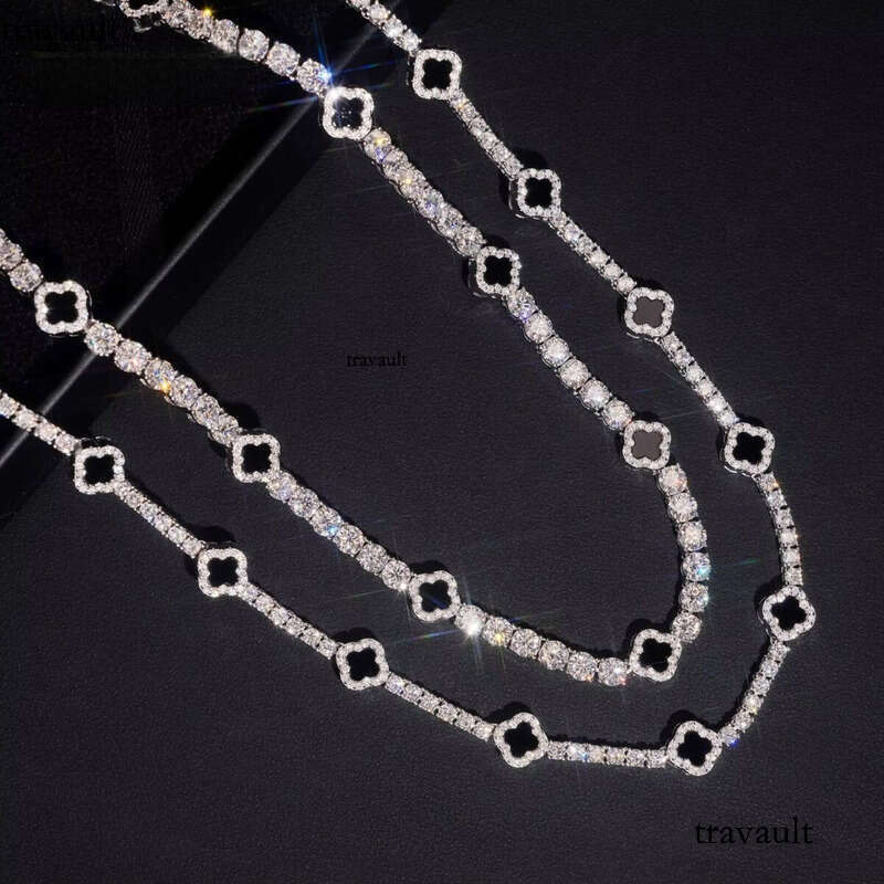 Ready Stocks 3mm 5mm Black Agate Clover Necklace Bracelet Tennis Chain Moissanite Solid Sier