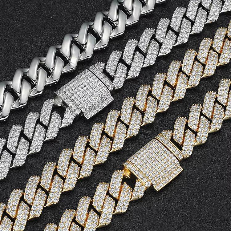 JWY 2021 Fashion Iced Out Gold and Silver Plated Brass Cuban Link Chain Hip Hop Style Necklace with Moissanite for Men