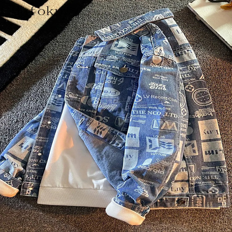 Mafokuwz Printing Mens Denim Jacket Spring and Autumn Fashion Youth Handsome Korean Street Denim Jacket 240906