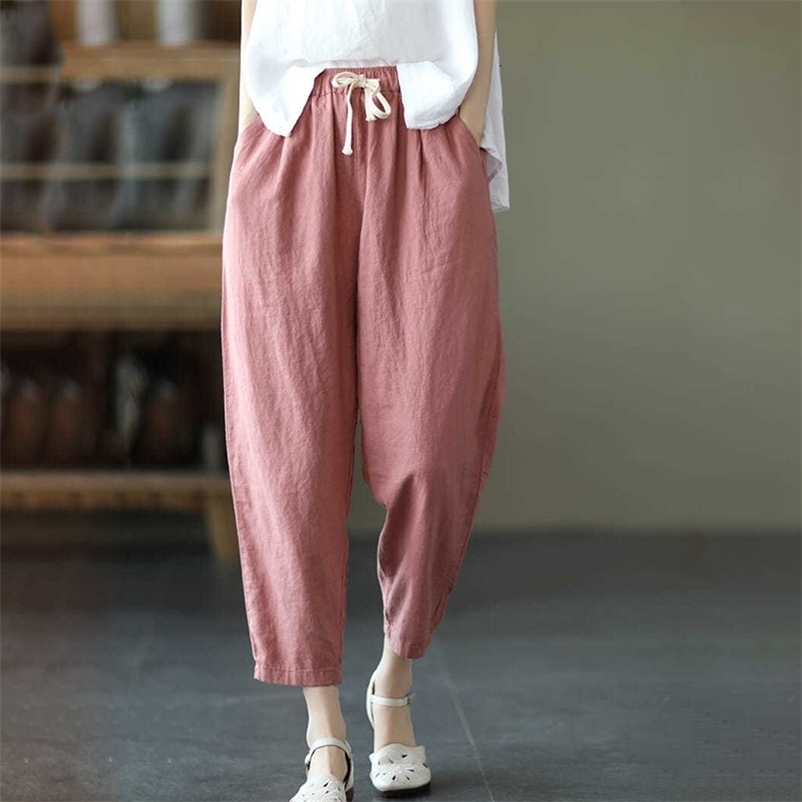 Women's Pants Capris Rimocy Summer Casual Cotton Linen Pants Women Retro Pockets Loose Harem Pants Woman Solid Elastic Waist Trousers Female 2304