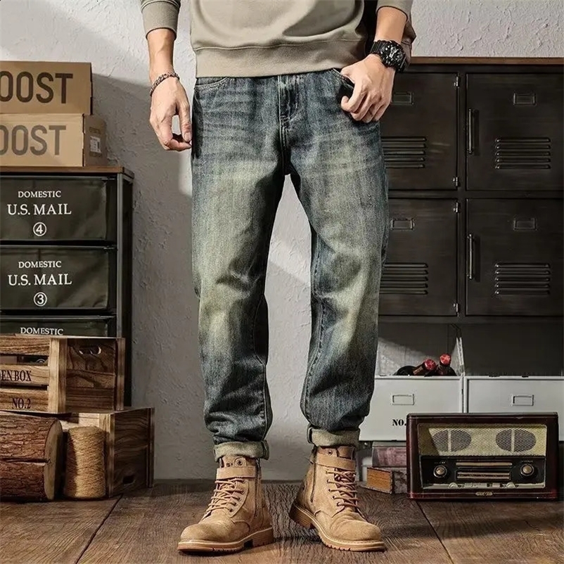 American Style Chaopai Simplicity Spring Autumn Jeans Mens Pockets Zipper Distress High Street Casual Loose Straight Pants 240911