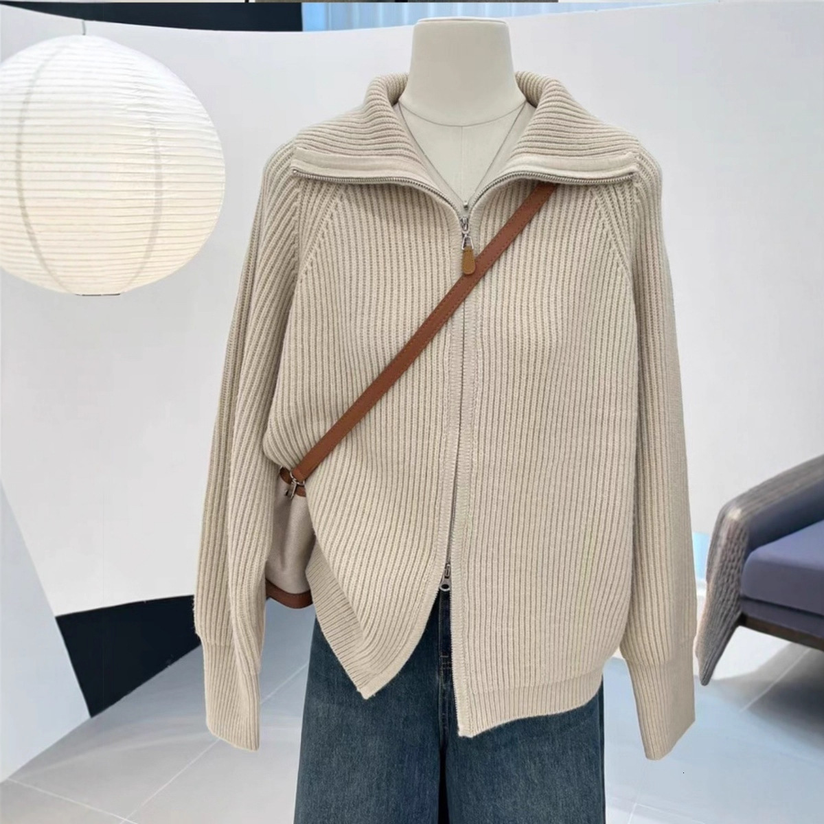 New Women's Knitted Double Zipper Jacket Thickened Lazy Cardigan for Women