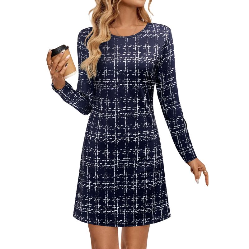 Women's Autumn & Winter Fashion Mom - Style Plaid Printed Straight Dress, Milk Silk Casual Commute & Vacation Dress-CF42640