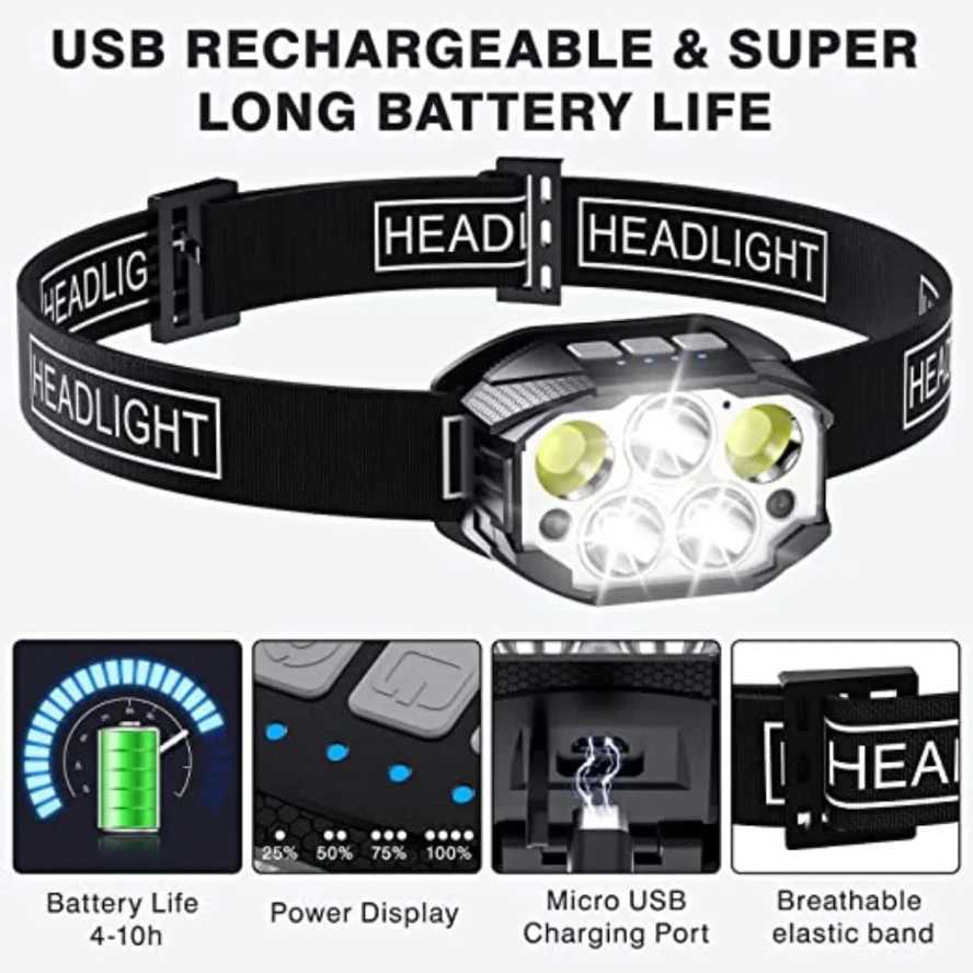 1200 Lumen Led Rechargeable Headlamp Motion Sensor HeadLight Waterproof Head Flashlights For Outdoor Camping Fishing Head Lamp J250925