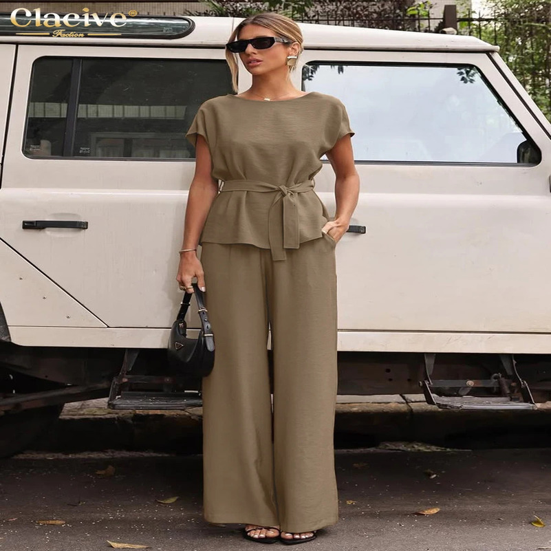Clacive Summer Loose Khaki Womens Two Piece Set Fashion Short Sleeve Shirt High Waist Wide Pants Set Womens Clothing 250415
