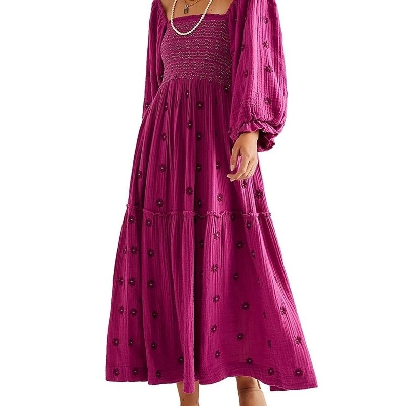 Womens floral embroidered long dress with lantern sleeves square neckline lace up tassel dress Bohemian summer beach dress 241231