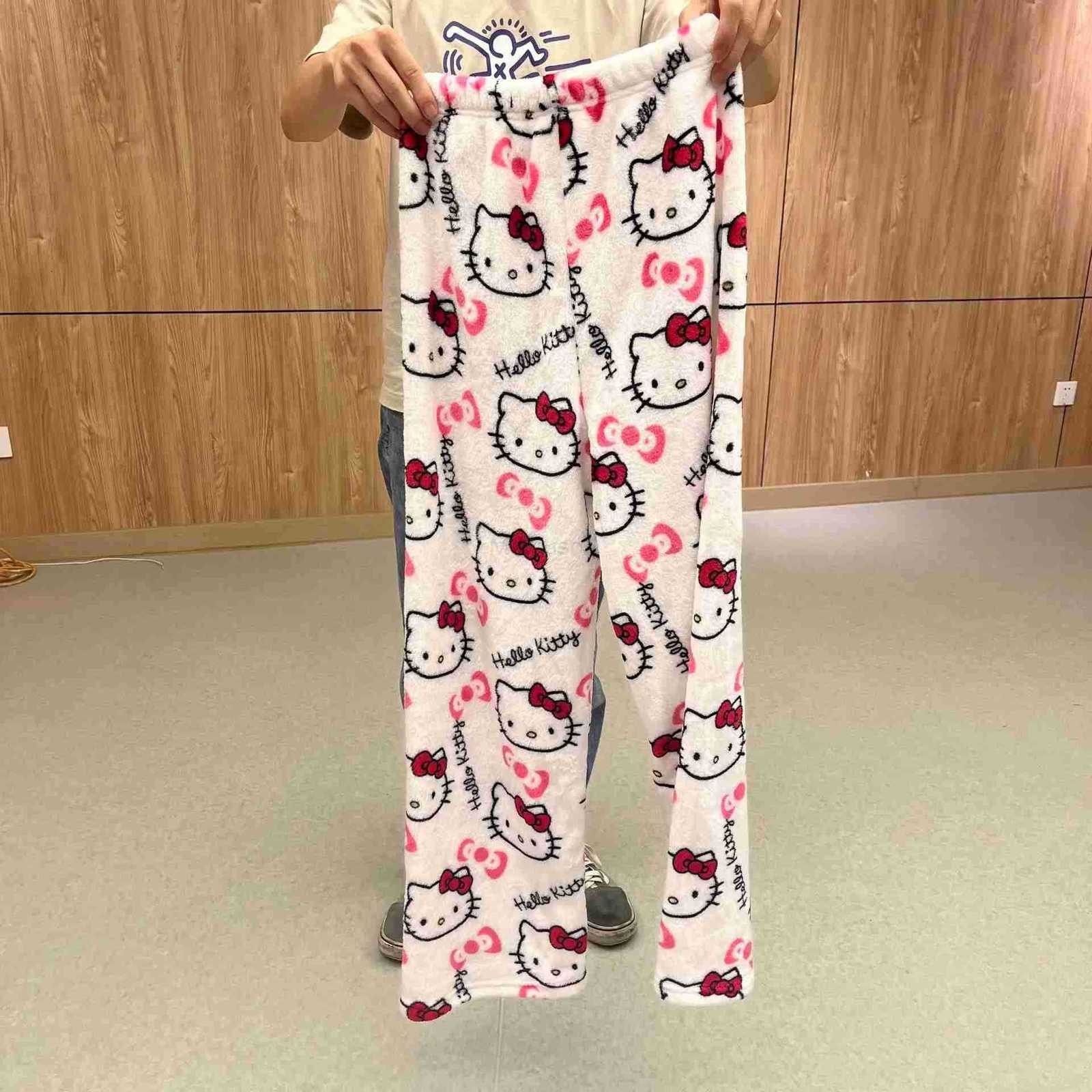 Sanrio Hello Kitty Pajamas Pants Black Pink Anime Flannel Women Warm Woolen White Cartoon Casual Home Pants Autumn Girl Trousers L250925