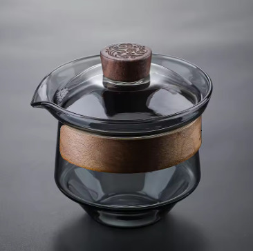 Japanese Glass Teacup with Lid & Wooden Saucer,Heat-Resistant Covered Tea Bowl,Traditional Gongfu Tea Set with Anti-Scald Holde