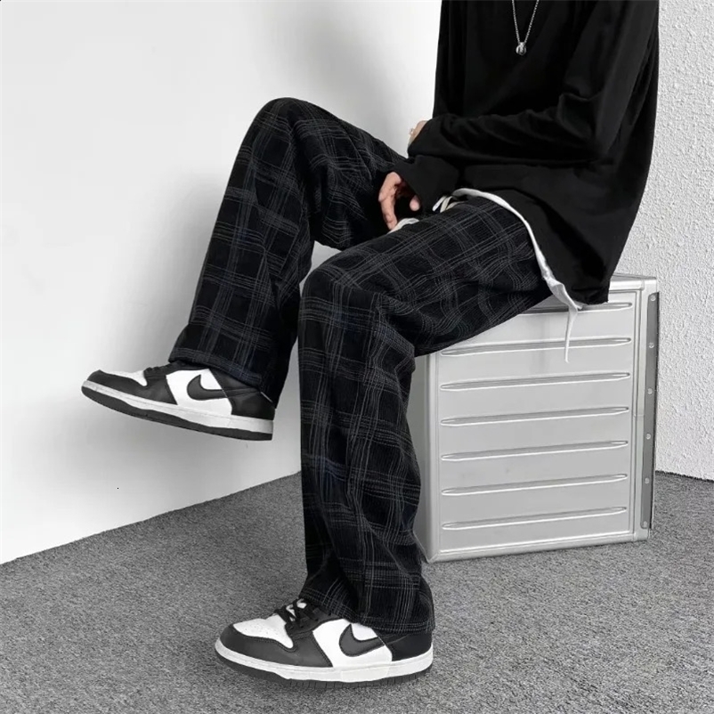 Spring Autumn Men Trendy Vintage Classics Plaid Print Harajuku Y2K Streetwear Pants Youth Korean Casual Loose Straight Trousers 240911