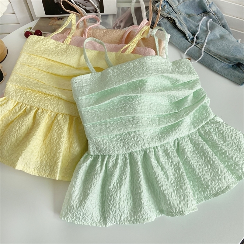 Camisoles Tanks Summer Camisole Ruffles Crop Top Backless Woman Vest Basic Cami Sleeveless Folds Tank Women Spaghetti Strap Clothes Drop 230518