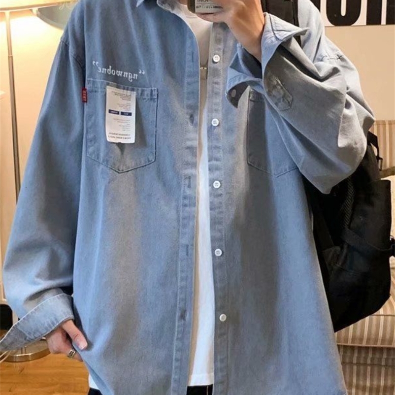Men's Casual Shirts Gmiixder Denim Shirt Men's Long-sleeved Korean Trend High-end Tooling Shirt Hong Kong Style Japan Spring Autumn Casual J