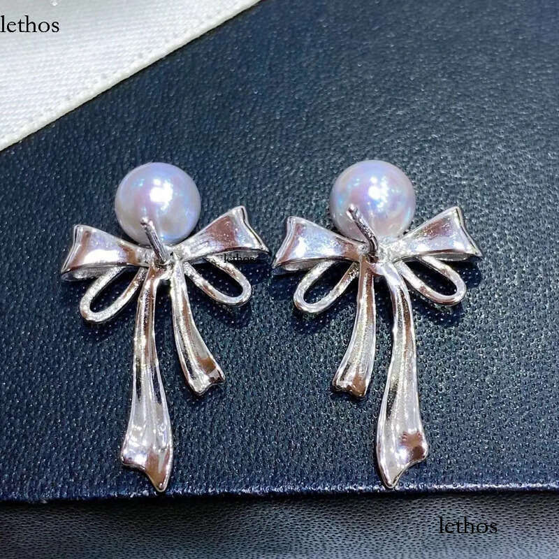 22090711 Diabox -Jewelry earrings ear studs blue PEARL sterling sier bow knot ribbon akoya 6.5-7 mm round pendant charm gift idea girl b2