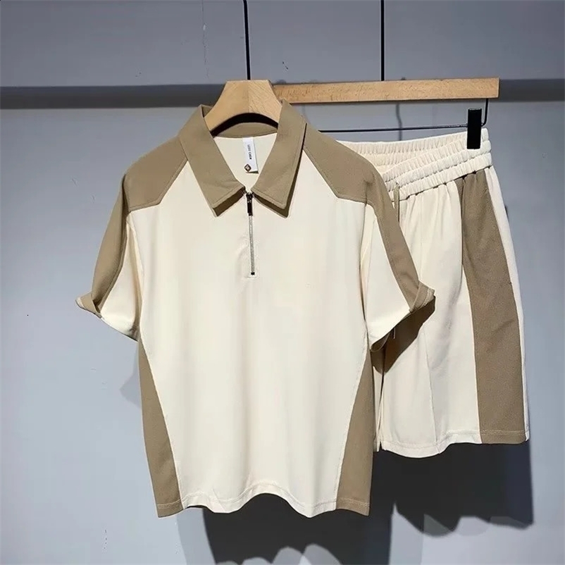 Summer mens loose polo shirt and two-piece mens casual short sleeved and shorts set Korean clothing 240930